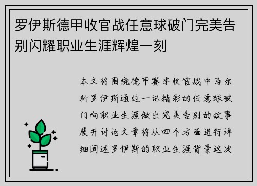 罗伊斯德甲收官战任意球破门完美告别闪耀职业生涯辉煌一刻 罗伊斯德甲收官战任意球破门完美告别闪耀职业生涯辉煌一刻