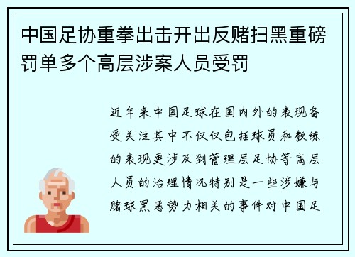 中国足协重拳出击开出反赌扫黑重磅罚单多个高层涉案人员受罚